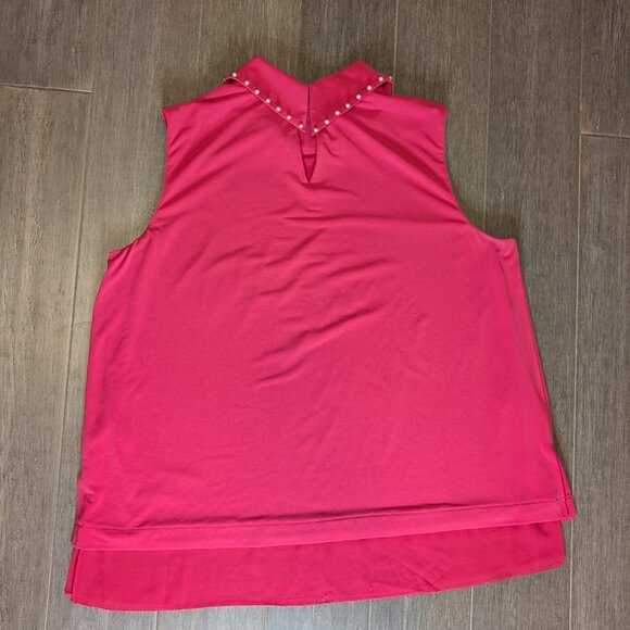 Karl Lagerfeld, High Collar Sleeveless Blouse, Pearl Details, Red, Sz XL - Picture 3 of 10